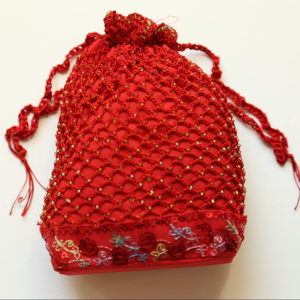 NWT Red Beaded Crocheted lined Potli bag / Pouch